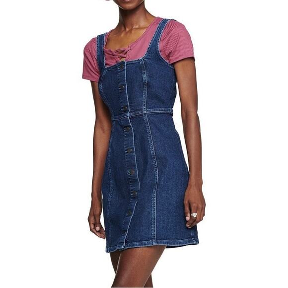 NEW Denim Button Down Pinafore Mini Dress XS - Picture 1 of 6
